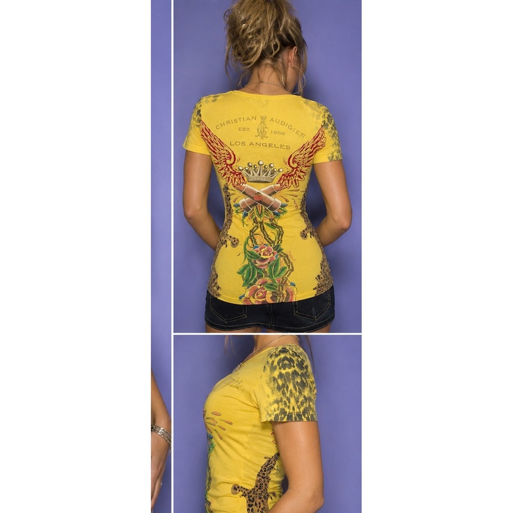 Christian Audigier Y2K Graphic Tee Leopard Crown Wings Yellow Top M Tattoo Art - Picture 6 of 16